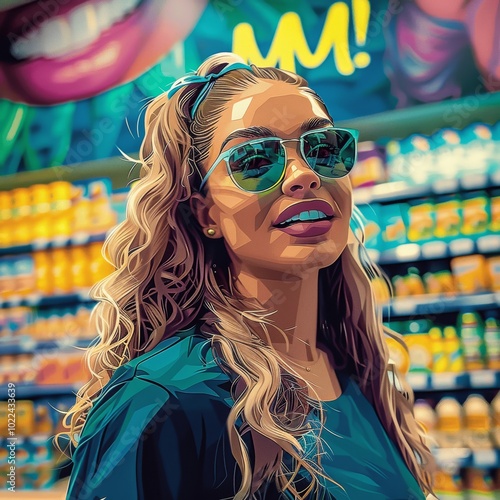 Miami Woman Vector T-Shirt Design with Long Curly Hair and Sunglasses Psychedelic Art photo