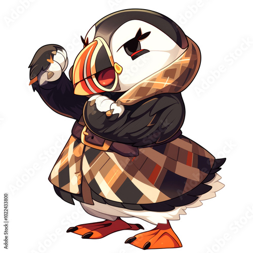 A cartoon puffin character wearing a patterned cloak, striking a pose with a confident expression. photo