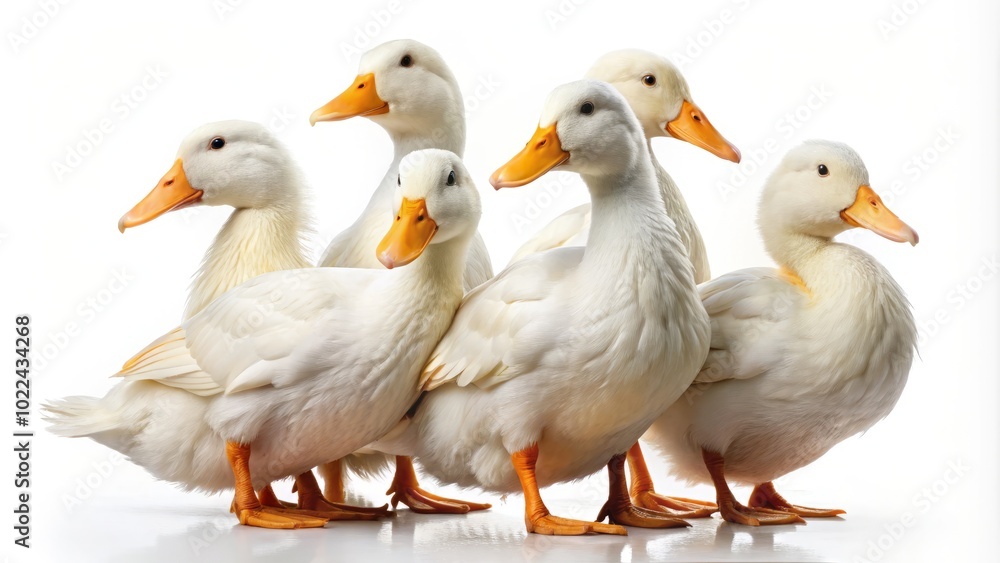 A surreal collection of white Pekin ducks set against a clean white background, ideal for artistic cut-outs and innovative image creations. A surreal collection of white Pekin ducks set against a clean white background, ideal for artistic cut-outs and innovative image creations.