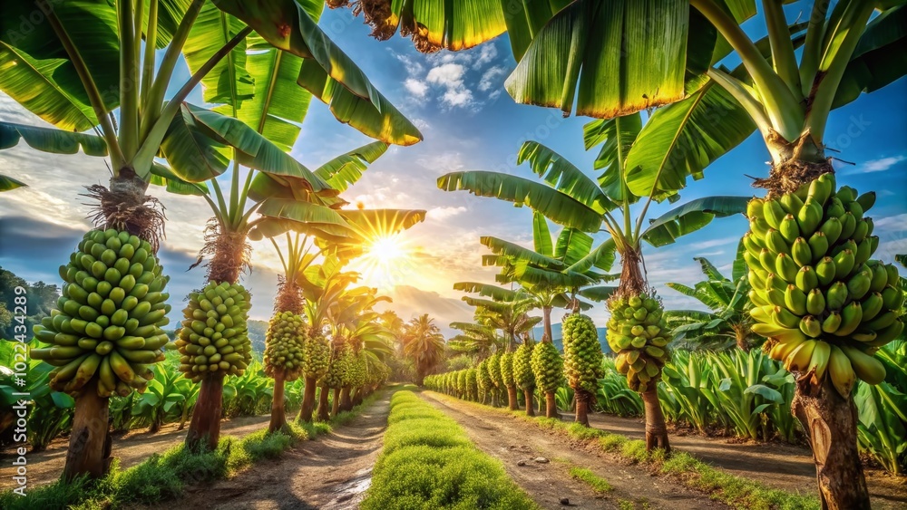 Obraz premium Lush Banana Farm Landscape with Raw Bunches of Bananas Under Bright Blue Sky