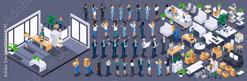 Isometric Kit for creating an office cabinet. Large Kit of furniture and Isometric Characters, Personage. Create your own unique design N2