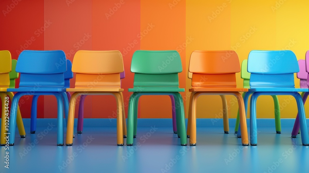 Obraz premium A vibrant classroom blends modern design with playful pastel chairs, showcasing the beauty of imagination on a sunny day.