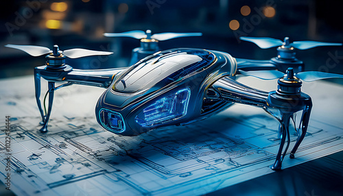 Futuristic AI drone model lies on technical drawing of its model, close-up