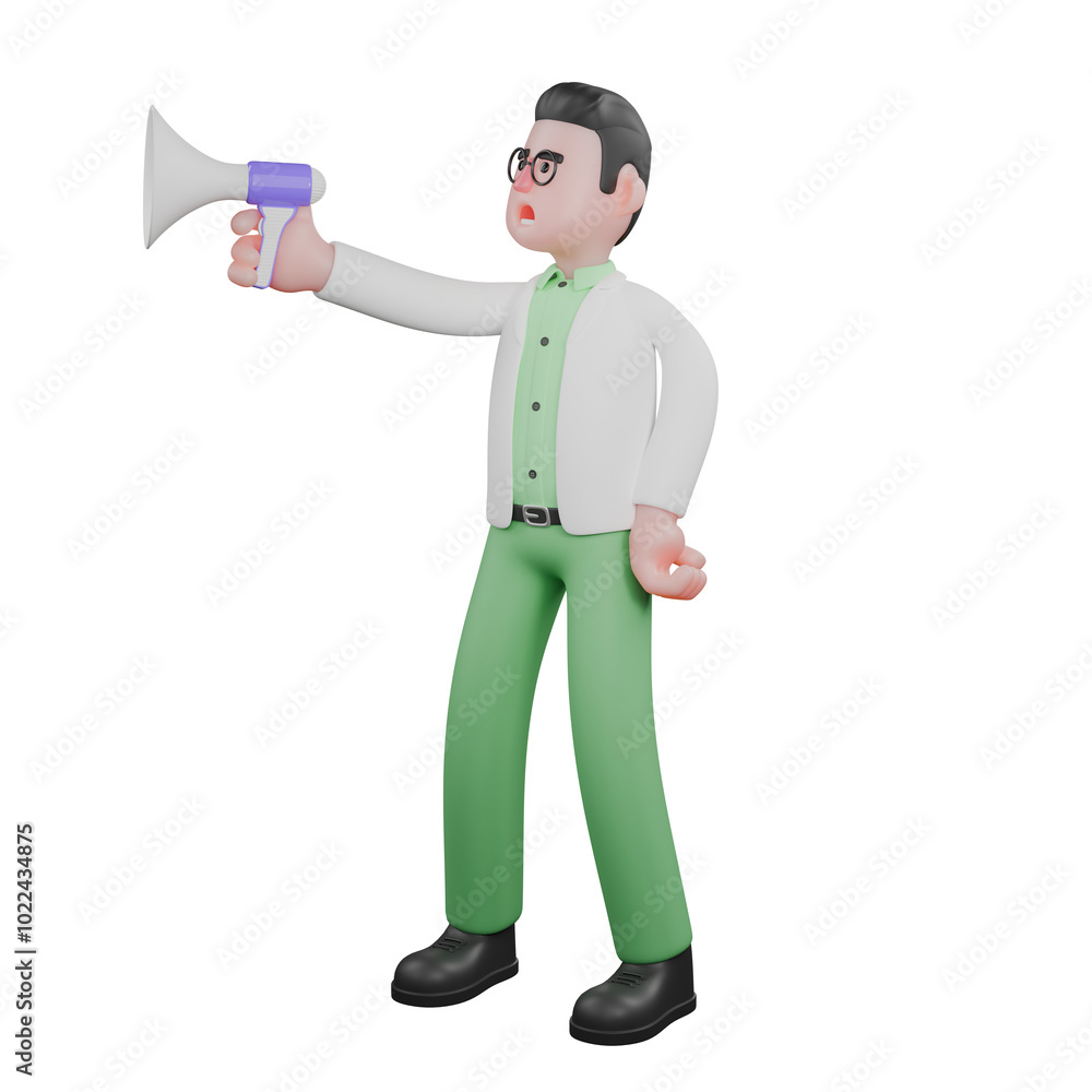 Professional Male Ecology Character. A male biologist is standing while speaking using a loudspeaker. 3D Biologist Professional Male Ecology Character. A male biologist is standing while speaking using a loudspeaker. 3D Biologist