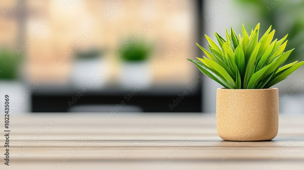 Green plant in a pot on a wooden table with a blurred background. Green plant in a pot on a wooden table with a blurred background.