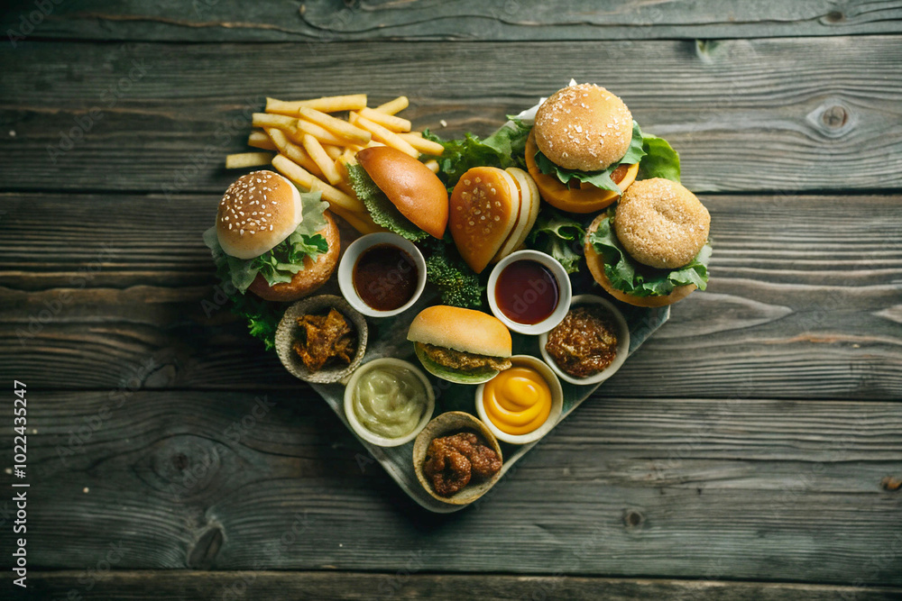 Delicious Burger Platter with Fries and Sauces on Wooden Table Top View Delicious Burger Platter with Fries and Sauces on Wooden Table Top View
