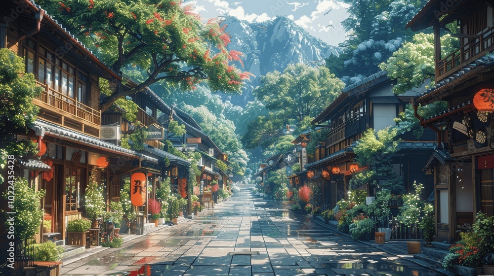 tranquil japanese street with traditional houses and late afternoon sunlight anime style cozy architecture 4k resolution tranquil japanese street with traditional houses and late afternoon sunlight anime style cozy architecture 4k resolution