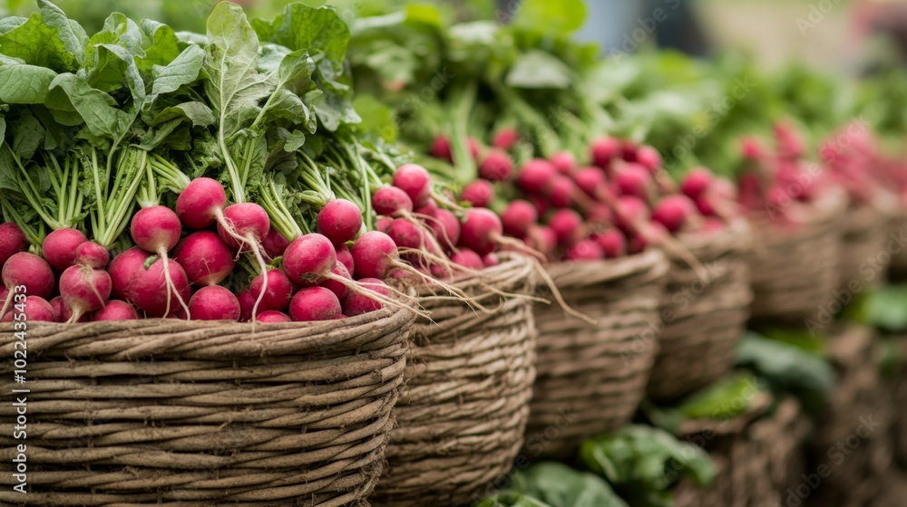 Fresh Red Radishes with Green Tops in Wicker Baskets Fresh Red Radishes with Green Tops in Wicker Baskets