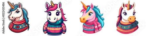 Four colorful, cartoonish unicorns with playful expressions, each wearing unique and vibrant sweaters.