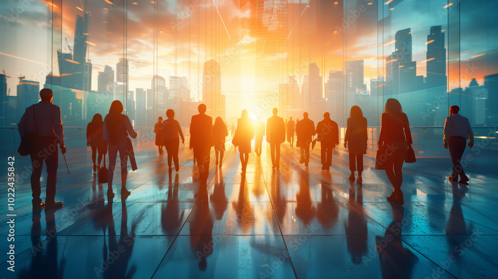 Business Professionals in Office Building with Cityscape, Silhouette Double Exposure, Collaborative Corporate Environment