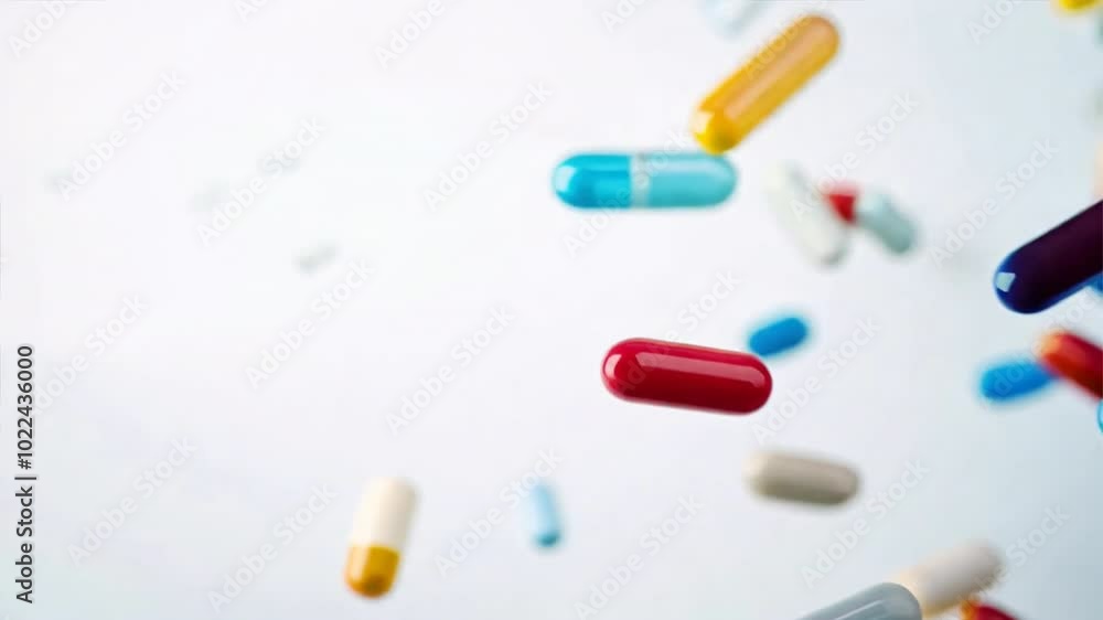 A cascade of antibiotic pill capsules falling gracefully in mid-air, captured in sharp focus against a pure white background, highlighting the vibrant colors and smooth texture of each capsule.
A cascade of antibiotic pill capsules falling gracefully in mid-air, captured in sharp focus against a pure white background, highlighting the vibrant colors and smooth texture of each capsule.