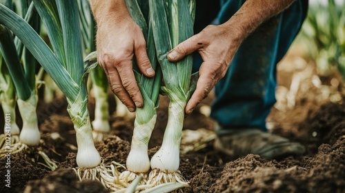 Farmer's Hand Holding Fresh Green Leeks in the Field photo