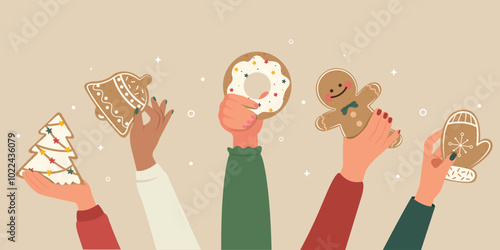 Happy new year party, Hand holding gingerbread cookies, Christmas winter holiday design.