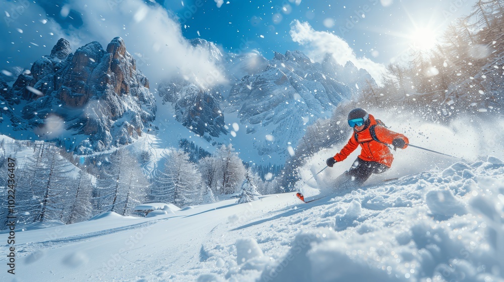 orange jacket skier on mountain skiing with sun and sharp peaks snow flying around professional photo high resolution wide angle orange jacket skier on mountain skiing with sun and sharp peaks snow flying around professional photo high resolution wide angle