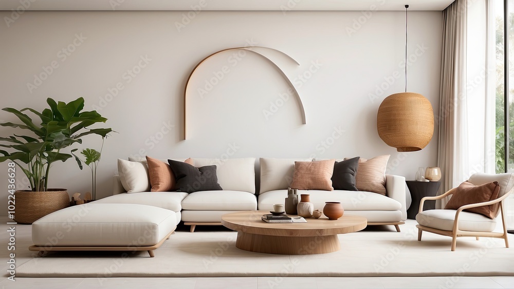 Obraz premium Minimalist living room with Jacanid design, emphasizing simplicity, natural textures, and an airy, spacious feel with elegant