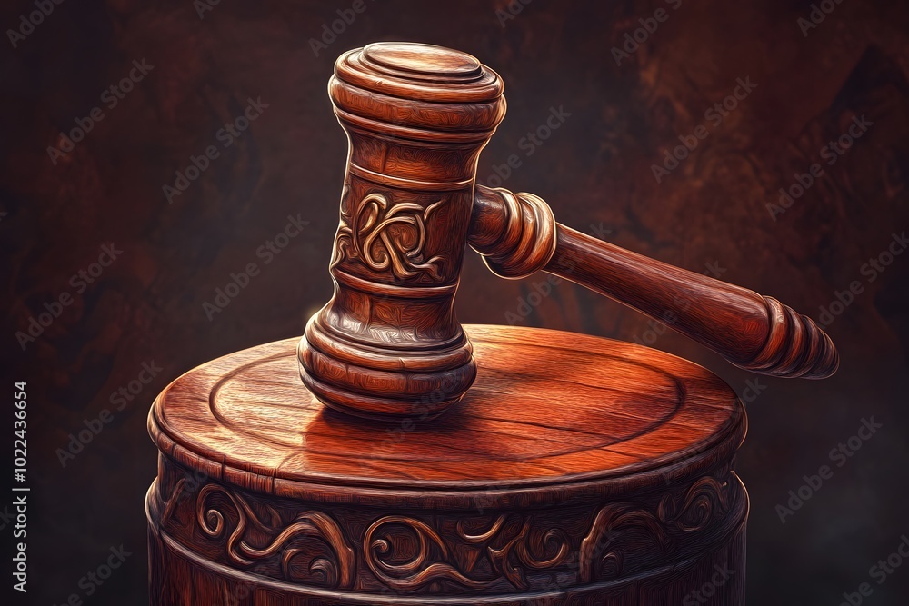 Ornate Wooden Gavel on Carved Base Ornate Wooden Gavel on Carved Base