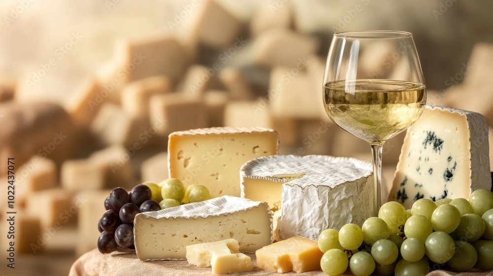 An elegant display of assorted cheeses and a glass of wine creates a gourmet scene, evoking flavors and textures in a culinary delight. An elegant display of assorted cheeses and a glass of wine creates a gourmet scene, evoking flavors and textures in a culinary delight.