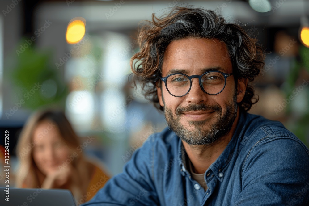 Handsome businessman with glasses working with female colleague on project in office, smiling during meeting Handsome businessman with glasses working with female colleague on project in office, smiling during meeting