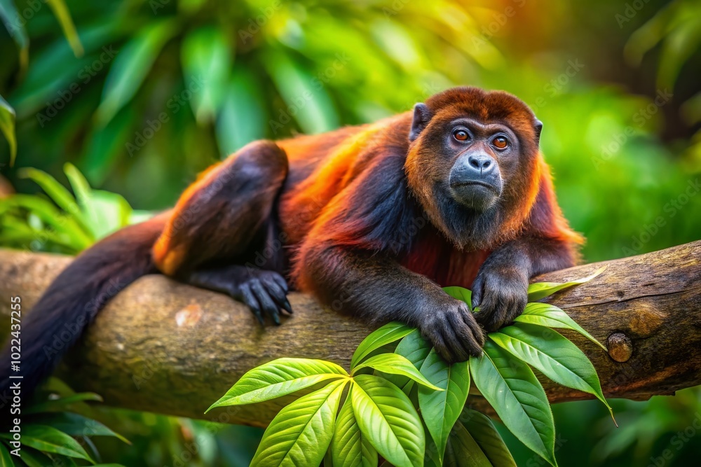 Fototapeta premium Mantled Howler Monkey Resting in Lush Rainforest - Wildlife Photography