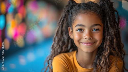 A smiling girl with curly hair, set against a colorful background.