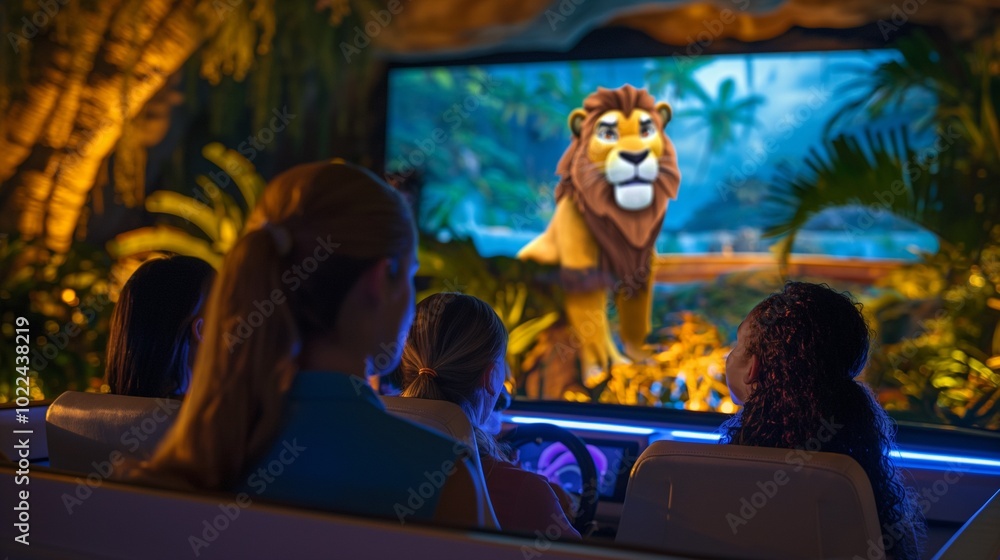 Fototapeta premium A lion is shown on TV introducing his jungle to passengers in the car