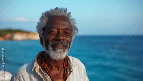 Joyful senior African American man enjoying a sunny day at the beach photo