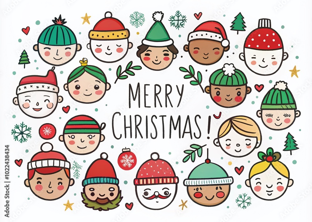 Minimalist Christmas Doodles Featuring Global Greetings and Cheerful Faces Minimalist Christmas Doodles Featuring Global Greetings and Cheerful Faces