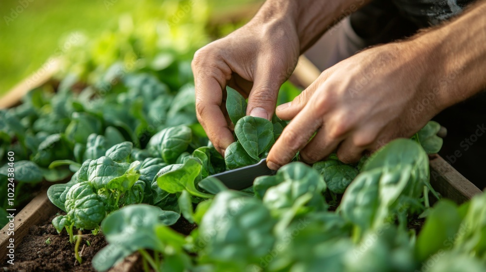 Close-up of Hands Harvesting Spinach in a Garden Bed