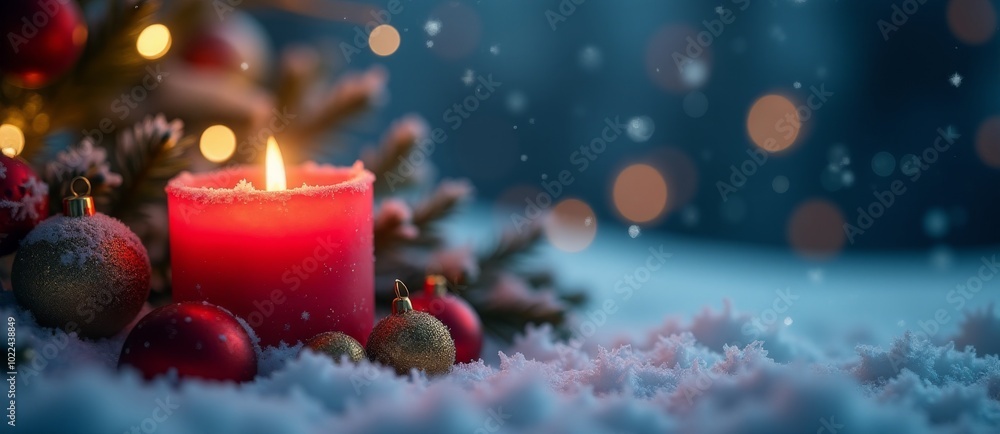 Christmas toys decoration balls with lit red candle on snow in night forest landscape with bokeh golden lights and snowfall overlay. New Year and Christmas poster card with empty space for text Christmas toys decoration balls with lit red candle on snow in night forest landscape with bokeh golden lights and snowfall overlay. New Year and Christmas poster card with empty space for text