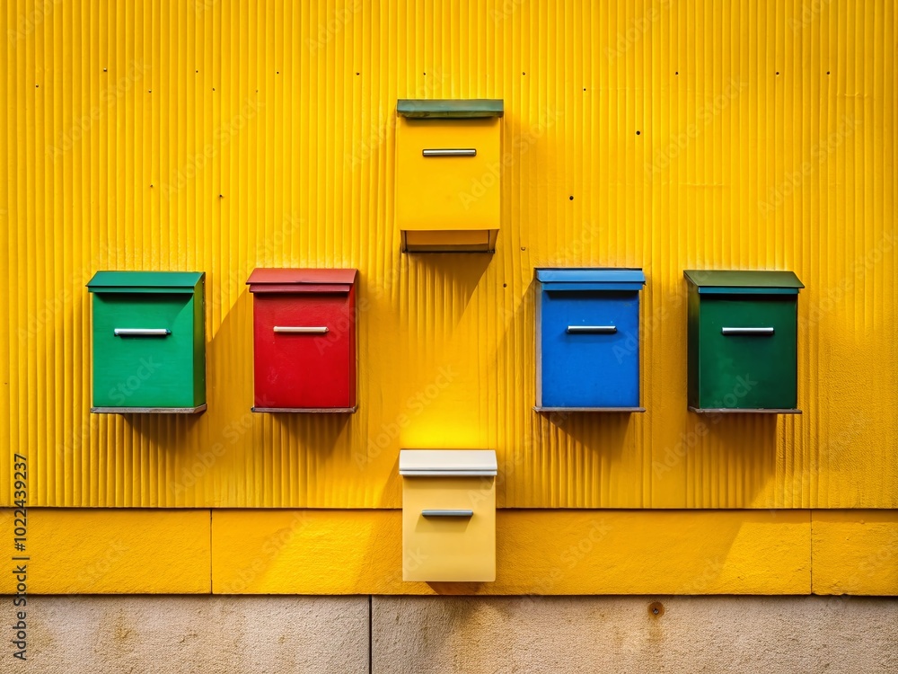 Minimalist Mail Boxes on Bright Yellow Wall - A Vibrant Urban Detail Minimalist Mail Boxes on Bright Yellow Wall - A Vibrant Urban Detail