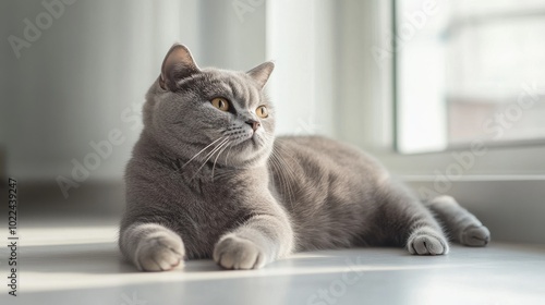 Wallpaper Mural A grey British Shorthair cat lays on a white floor with its head tilted up, looking out a window. Torontodigital.ca