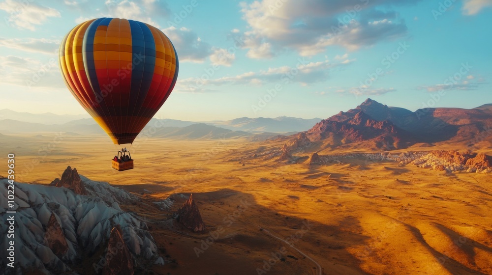 Hot Air Balloon Soaring Over a Desert Landscape with Mountains in the Distance
