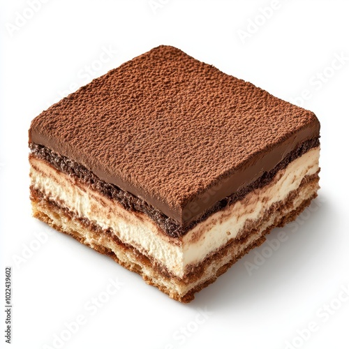 Isolated slice of tiramisu on a white background photo