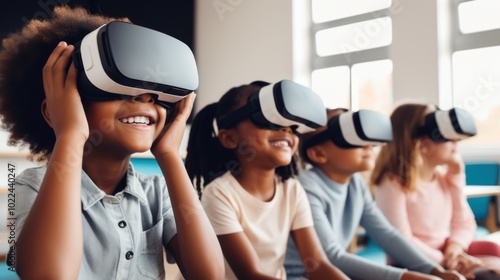 A joyful group of children wears VR headsets, exploring new worlds with awe and laughter in a bright room.