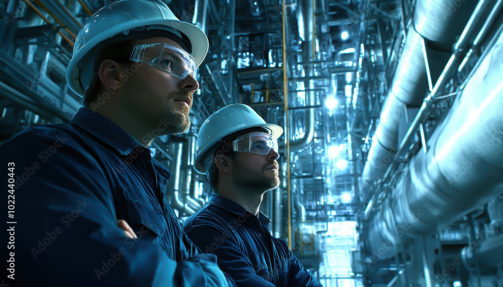Two workers in safety gear inspect industrial equipment and pipes. Two workers in safety gear inspect industrial equipment and pipes.