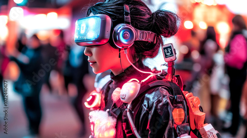 A person wearing a VR headset and glowing accessories in a vibrant, futuristic setting.