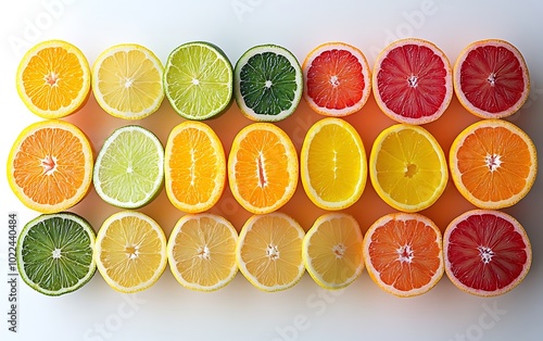 A colorful array of sliced citrus fruits arranged in a visually appealing pattern, showcasing vibrant oranges, lemons, limes, and grapefruits.