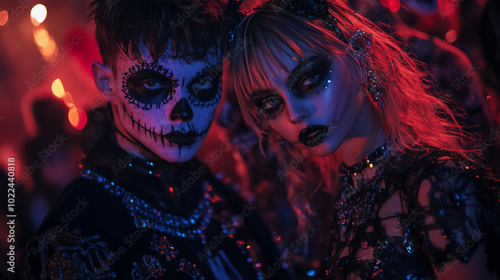 Obraz premium Dark Halloween Fashion and Skull Face Paint | Gothic Costumes and Spooky Makeup for Halloween Party Vibes