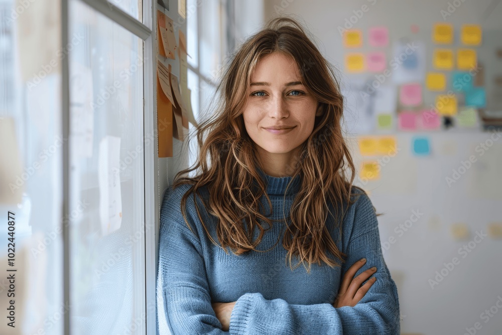 Fototapeta premium Smiling Businesswoman in Blue Sweater Standing in Office with Arms Crossed Near Window with Sticky Notes