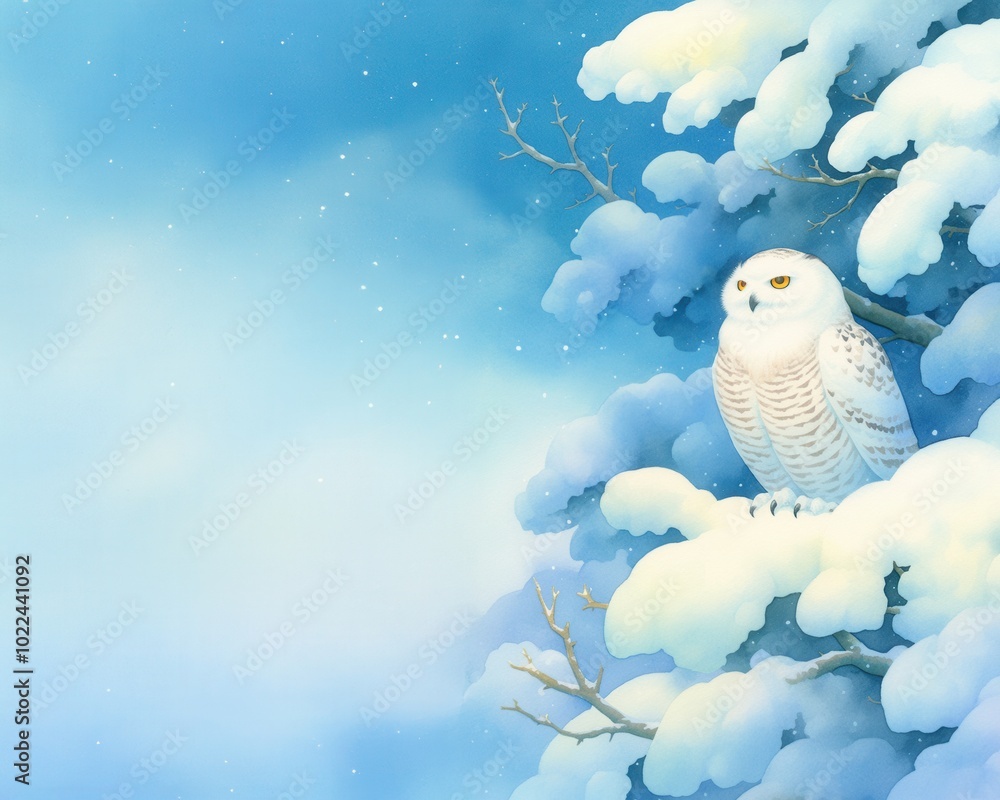 Obraz premium Snow Owl Sage, perched on a snow-covered branch, wise and glowing, watercolor style, watercolor illustration, having ample space for text