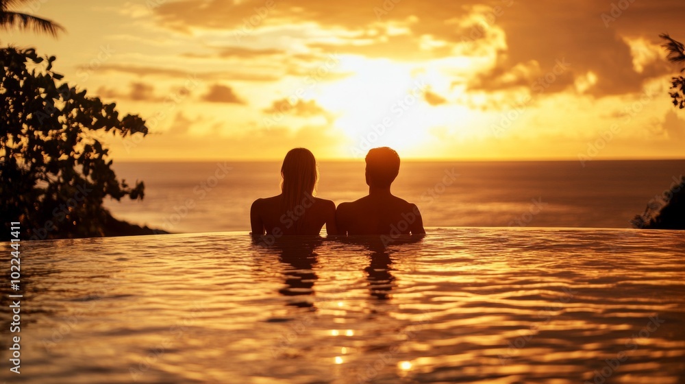 Fototapeta premium Silhouettes of a Couple in a Pool at Sunset