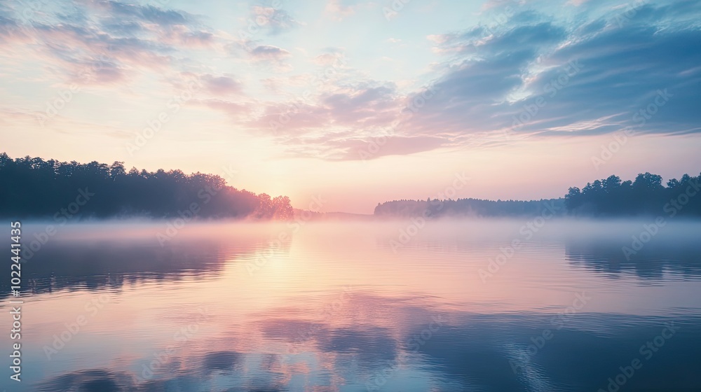 Serene Sunrise Over a Misty Lake with Silhouetted Trees Serene Sunrise Over a Misty Lake with Silhouetted Trees