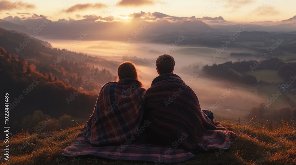 Couple Wrapped in Blankets Watching Sunrise Over Misty Mountains Couple Wrapped in Blankets Watching Sunrise Over Misty Mountains