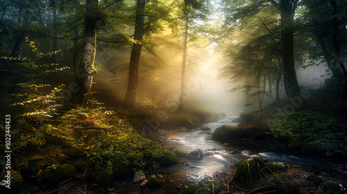 A serene forest scene with sunlight filtering through trees and a gentle stream flowing.