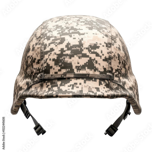 A detailed view of a sturdy army helmet, showcasing its design and durability against a pure white backdrop. photo