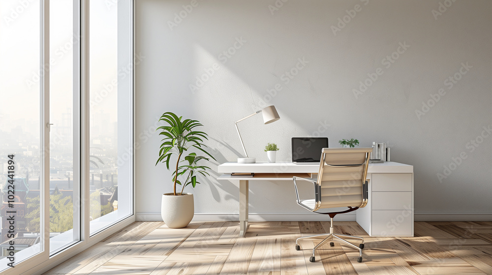 Fototapeta premium Modern minimalist office with white furniture and large window view of the city