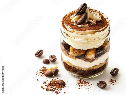 A single serving of tiramisu in a glass jar, with layers of cream, coffeesoaked biscuits, and cocoa dusting Isolated on a white background with copy space for product or text photo