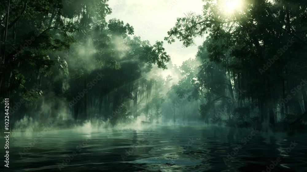 A serene misty river scene surrounded by lush trees and soft sunlight. A serene misty river scene surrounded by lush trees and soft sunlight.