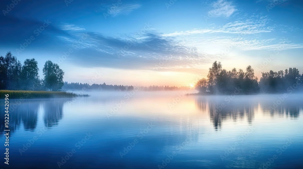 Misty Dawn Over a Tranquil Lake with Trees and Reflections Misty Dawn Over a Tranquil Lake with Trees and Reflections