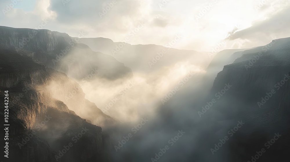 Mountainous Landscape Enveloped in Mist and Golden Light Mountainous Landscape Enveloped in Mist and Golden Light